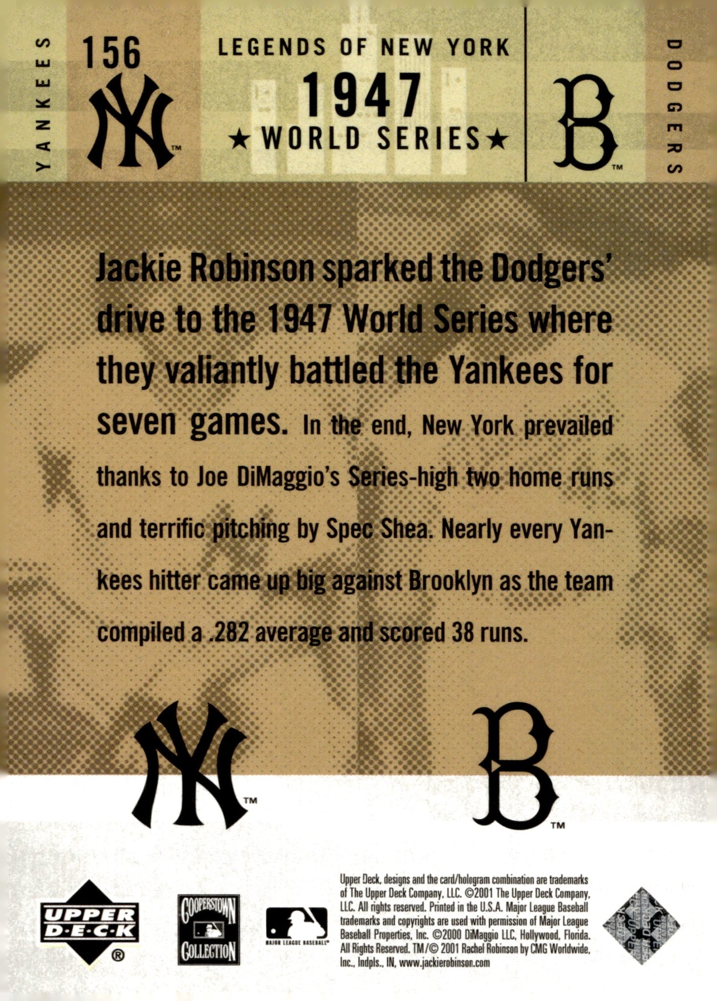 Doe DiMaggio / Jackie Robinson 2001 Upper Deck Legends of New York 156 - Collector Store LLC