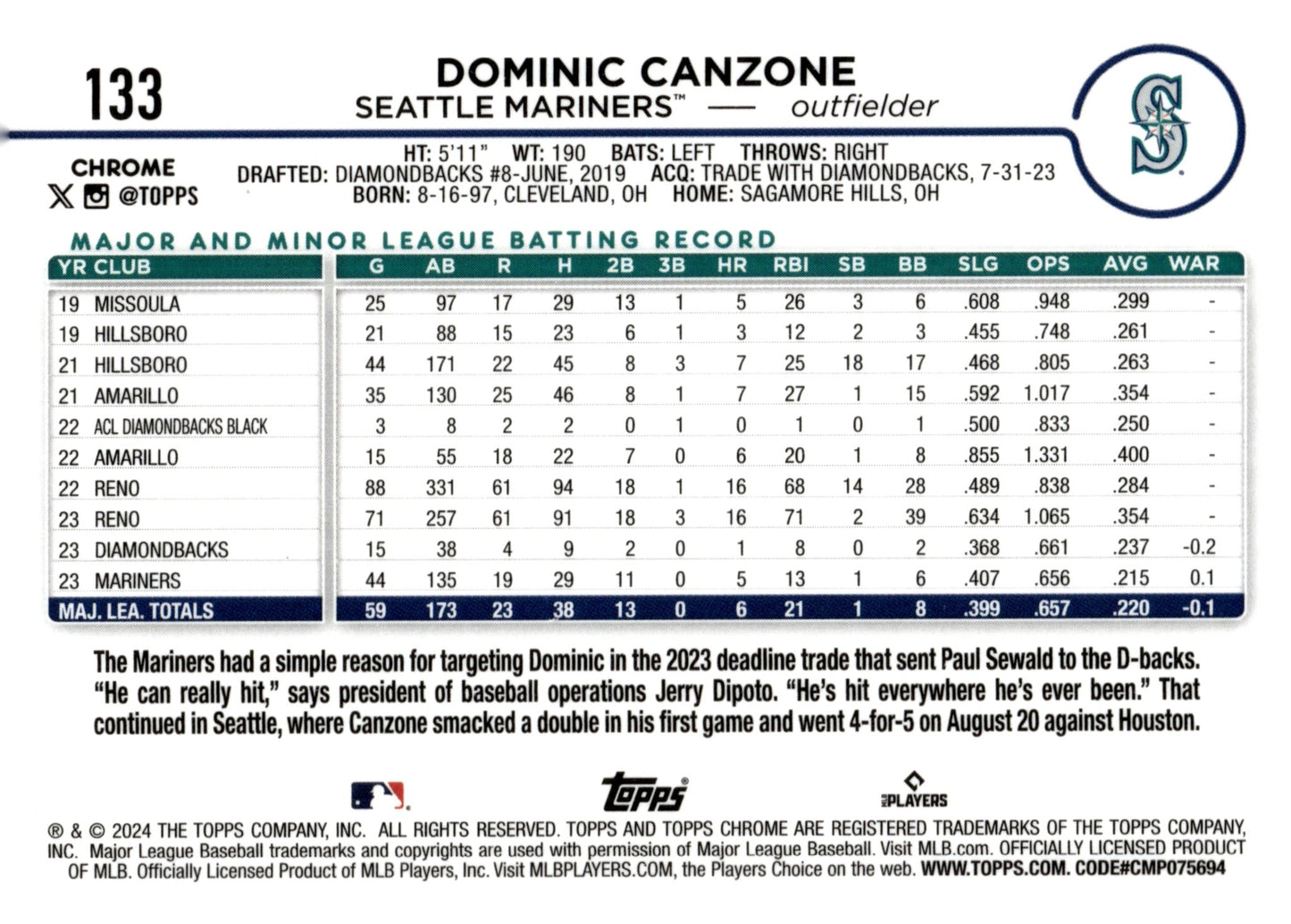 Dominic Canzone 2024 Topps Chrome Sepia Refractor RC 133 - Collector Store LLC