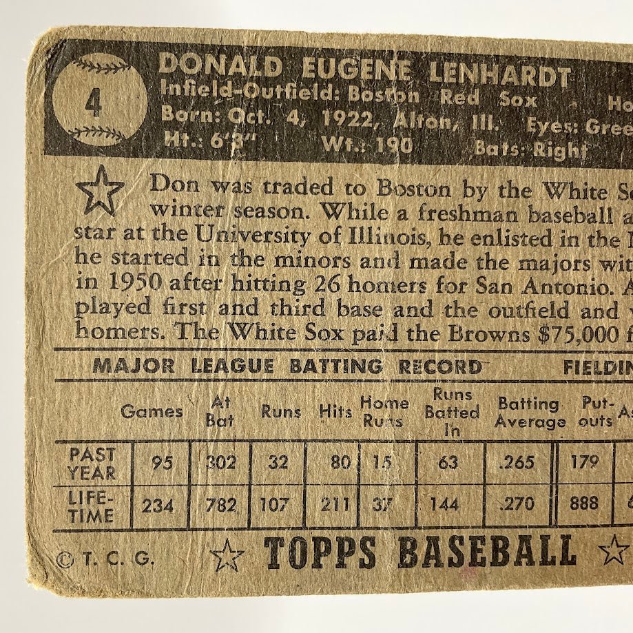 Don Lenhardt 1952 Topps #4 Boston Red Sox PR - Collector Store LLC