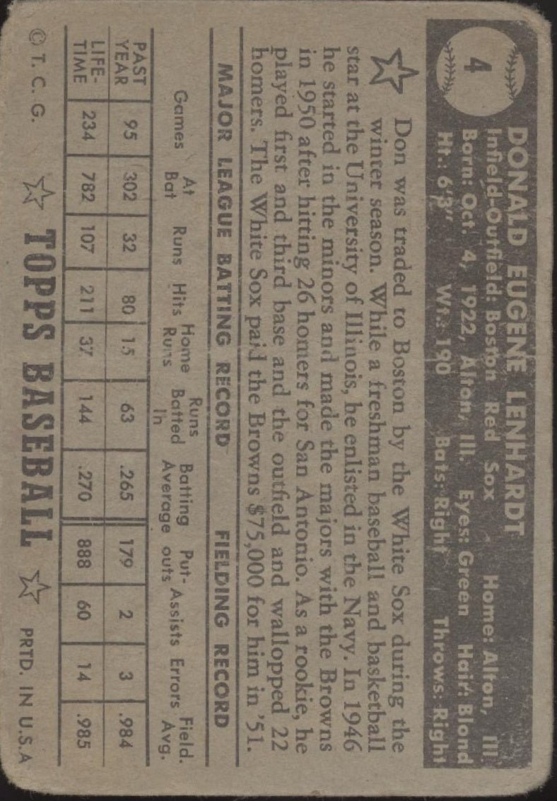 Don Lenhardt 1952 Topps #4 Boston Red Sox PR - Collector Store LLC