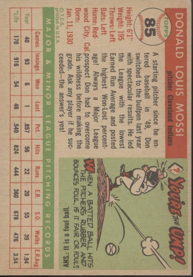Don Mossi 1955 Topps RC #85 Cleveland Indians VG - EX #2 - Collector Store LLC