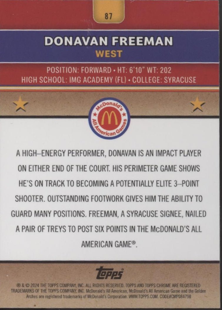 Donavan Freeman 2024 Chrome McDonald's All American McFlurry Refractor #87 #2 - Collector Store LLC