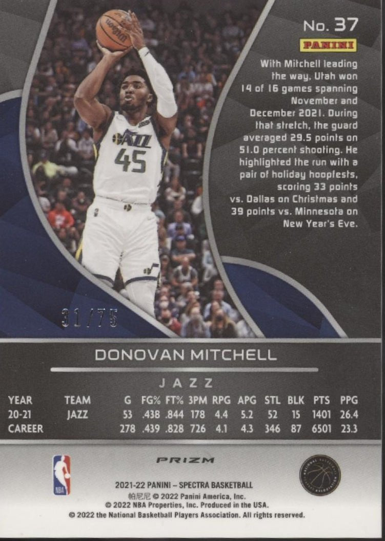 Donovan Mitchell 2021 - 22 Panini Spectra Red Yellow & Green Asia Prizm 31/75 - Collector Store LLC