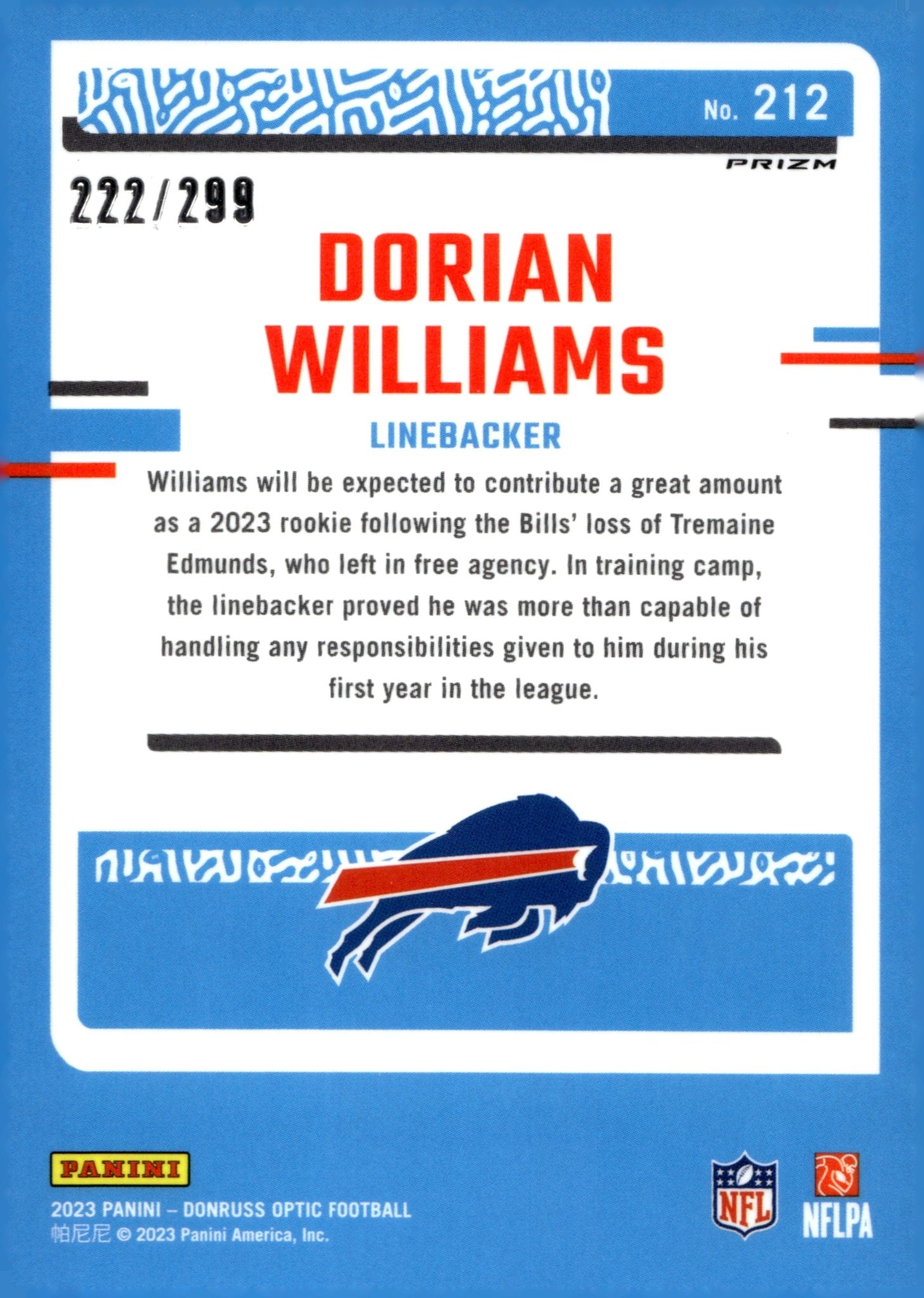 Dorian Williams 2023 Panini Donruss Optic Rated Rookie Aqua Prizm 222/299 #212 - Collector Store LLC