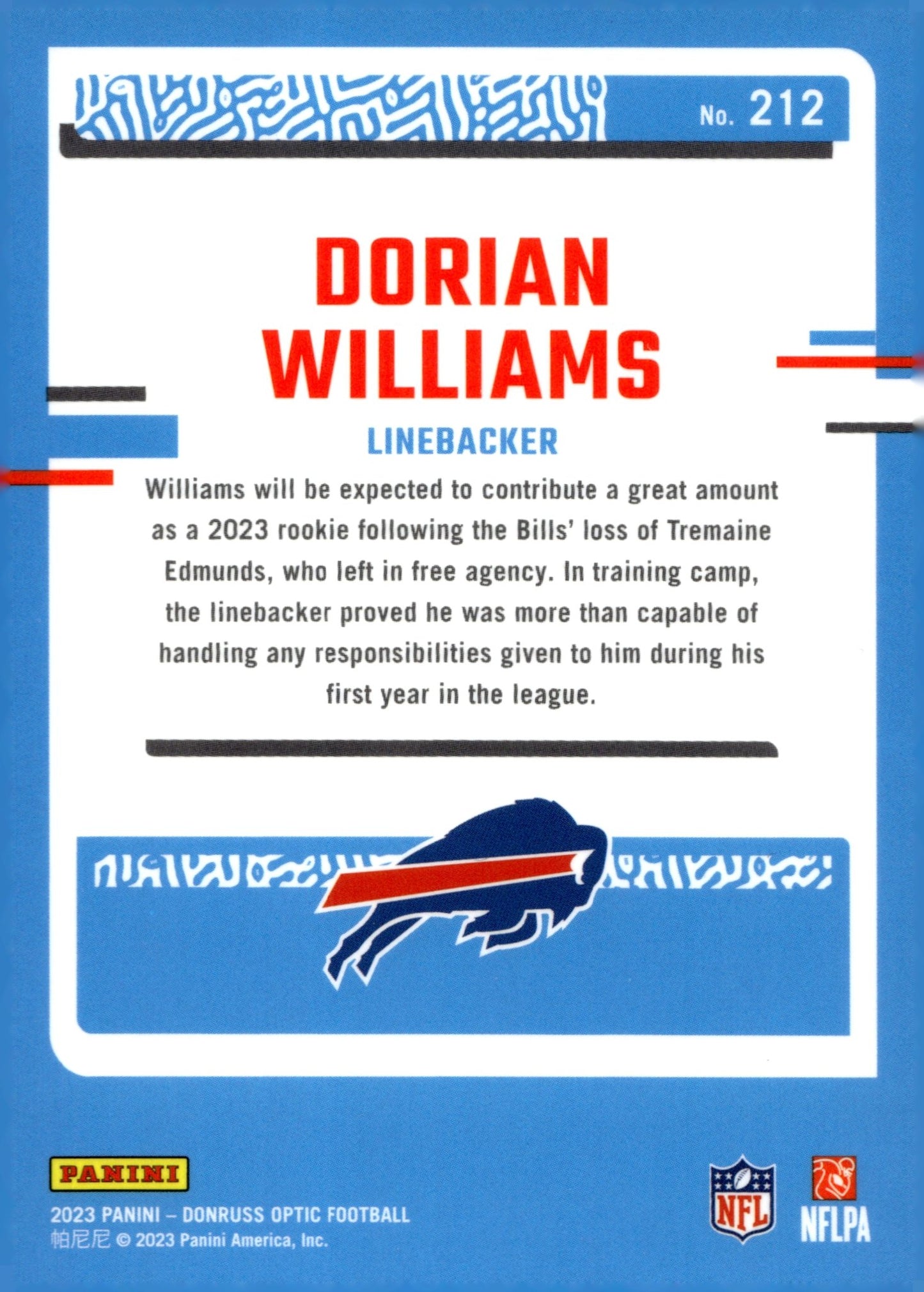 Dorian Williams 2023 Panini Donruss Optic Rated Rookie RC #212 - Collector Store LLC