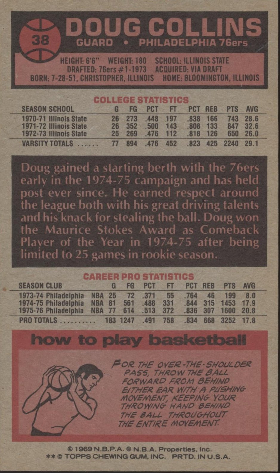 Doug Collins 1976 - 77 Topps Oversized #38 Philadelphia 76ers - Collector Store LLC