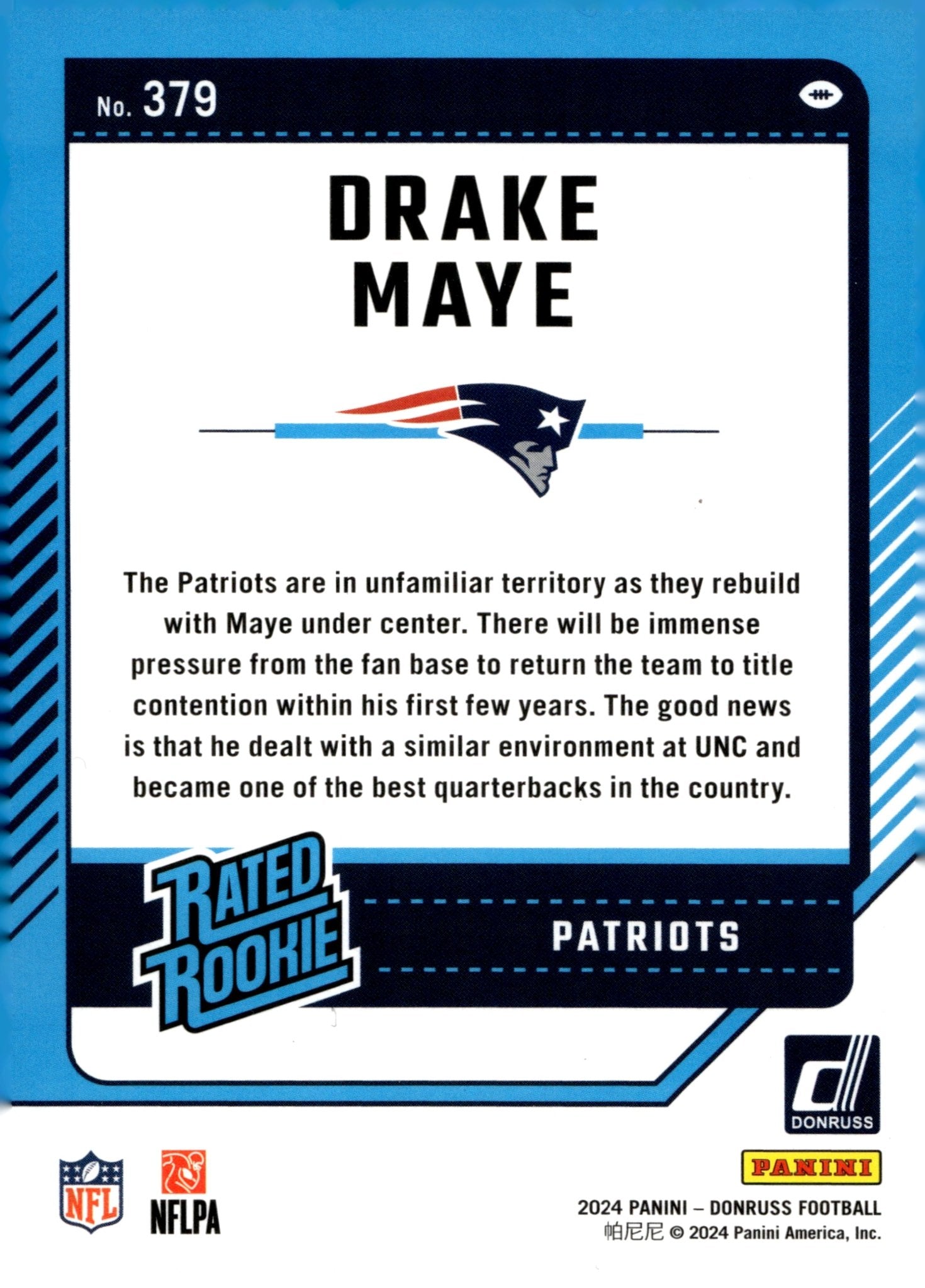 Drake Maye 2024 Panini Donruss Rated Rookie RC 379 1 - Collector Store LLC