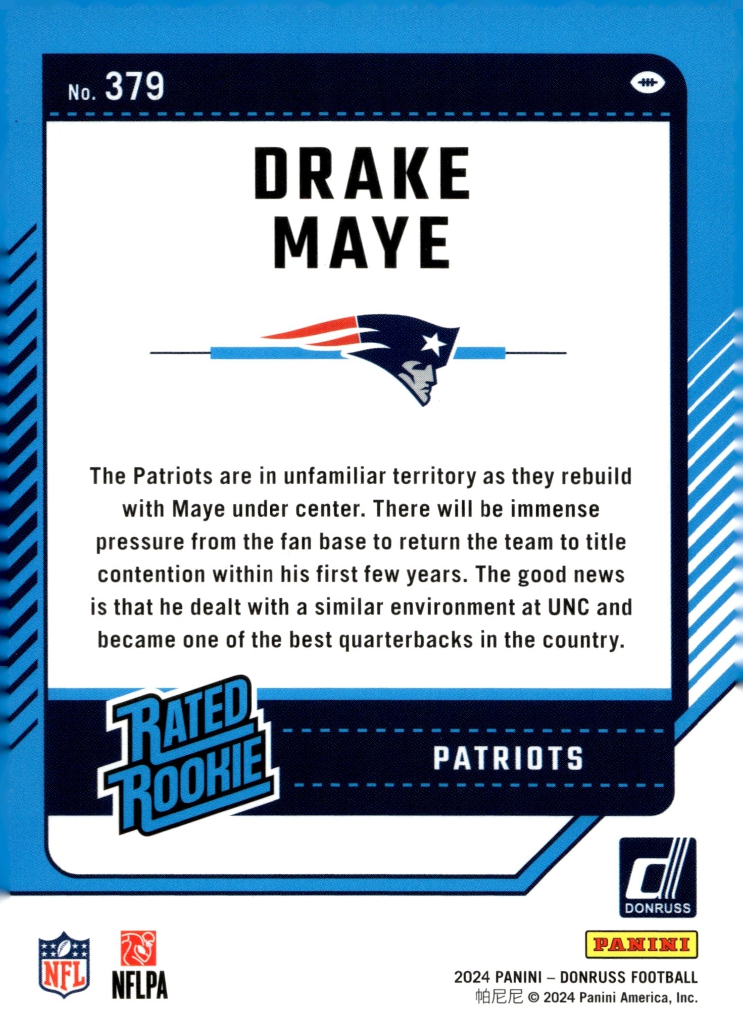 Drake Maye 2024 Panini Donruss Rated Rookie RC #379 #2 - Collector Store LLC