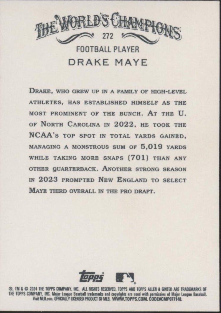 Drake Maye 2024 Topps Allen & Ginter #272 - Collector Store LLC