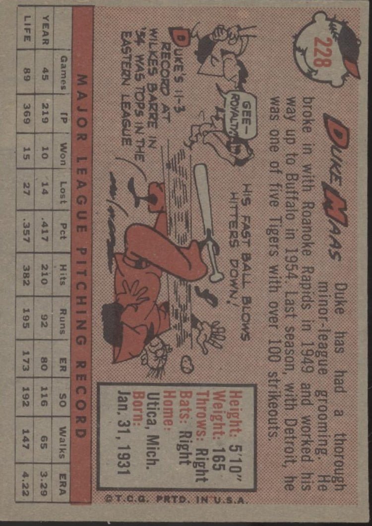 Duke Maas 1958 Topps #228 Kansas City Athletics EX - Collector Store LLC