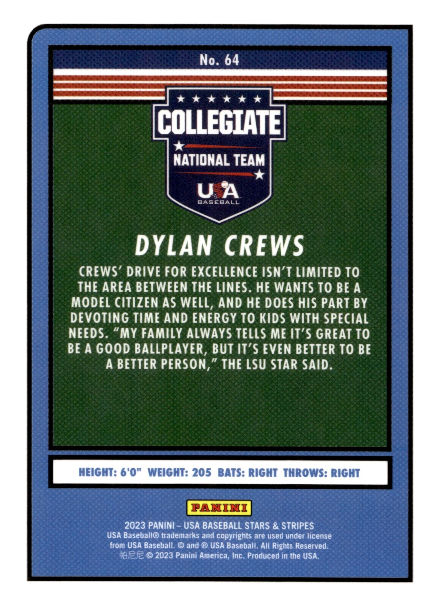 Dylan Crews 2023 Panini USA Stars & Stripes Collegiate National Team #64 - Collector Store LLC