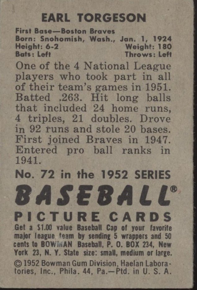 Earl Torgeson 1952 Bowman 72 Boston Braves VG - EX - Collector Store LLC