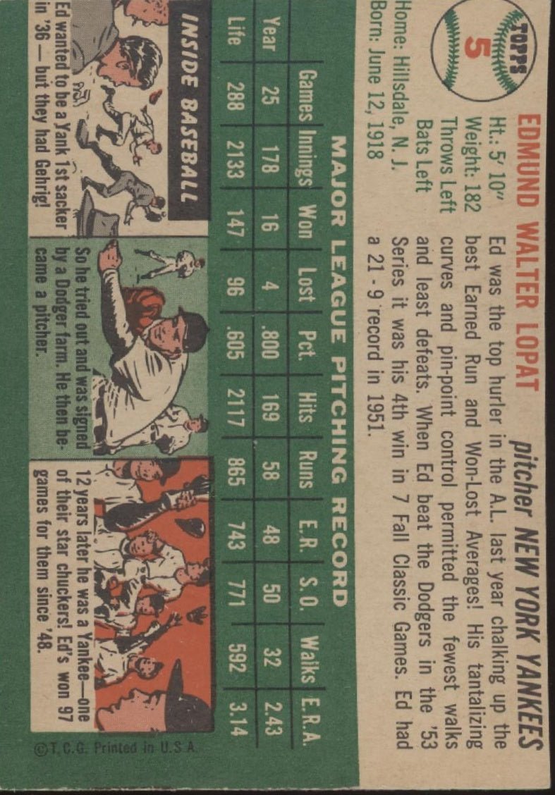 Ed Lopat 1954 Topps 5 New York Yankees VG - EX 2 - Collector Store LLC