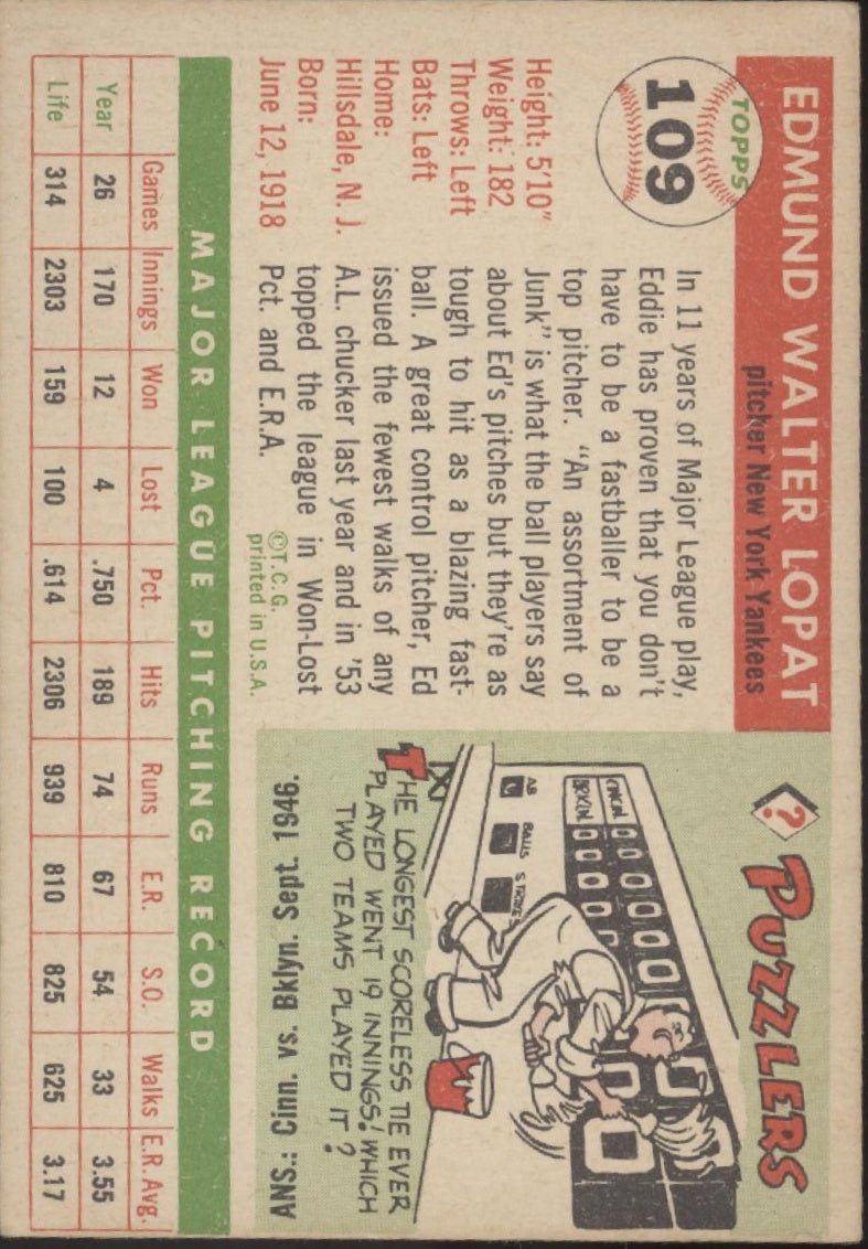 Ed Lopat 1955 Topps #109 New York Yankees VG - Collector Store LLC