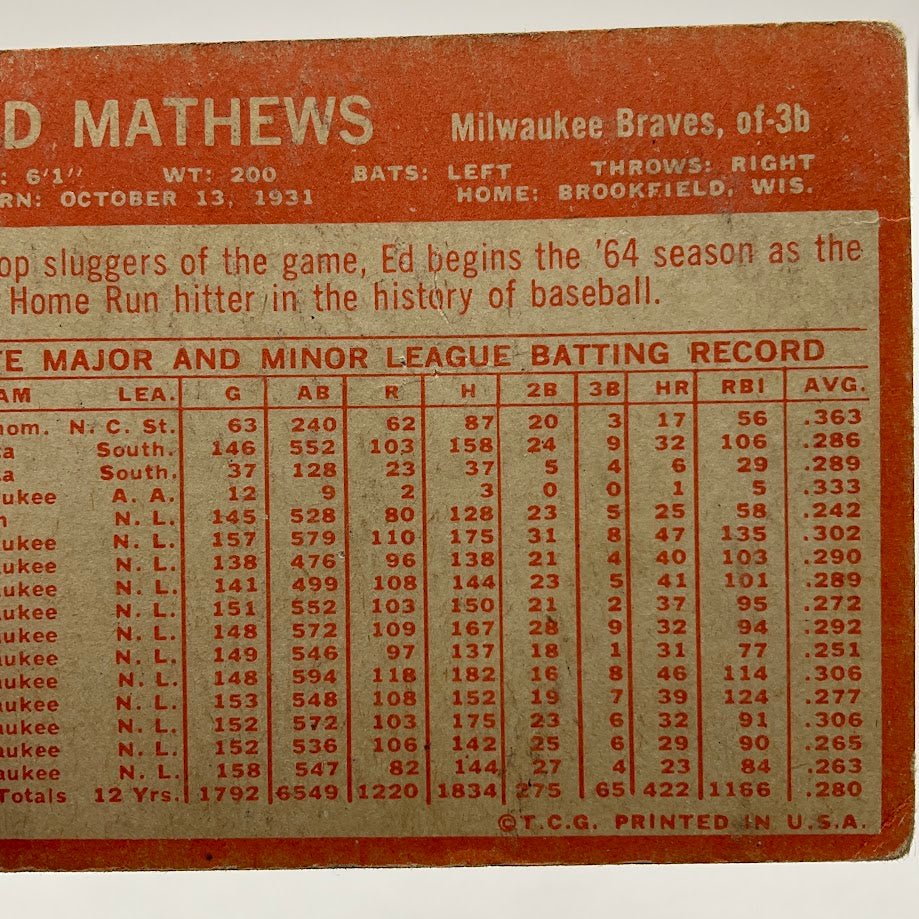 Ed Mathews 1964 Topps 35 Milwaukee Braves VG - Collector Store LLC