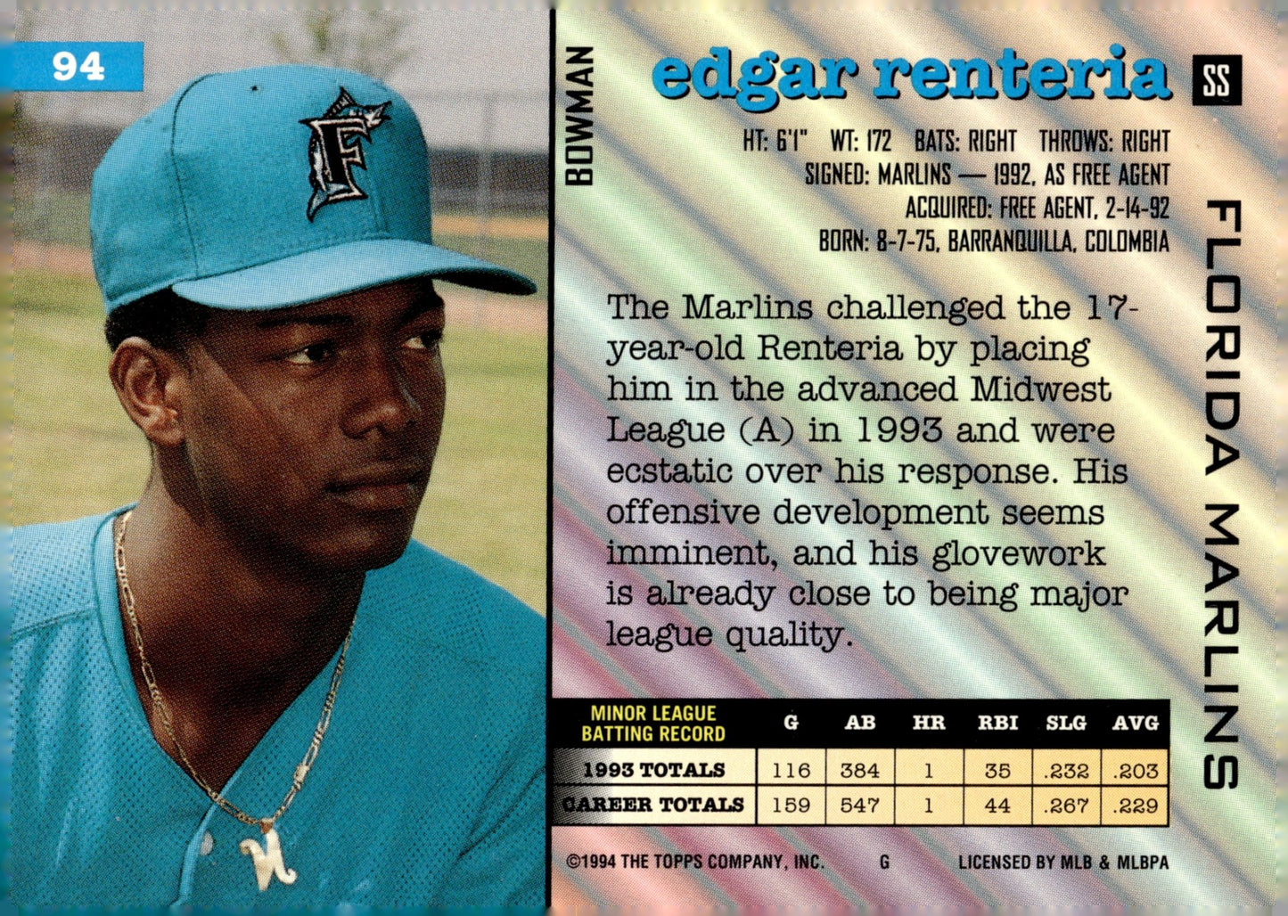 Edgar Renteria 1994 Bowman #94 - Collector Store LLC