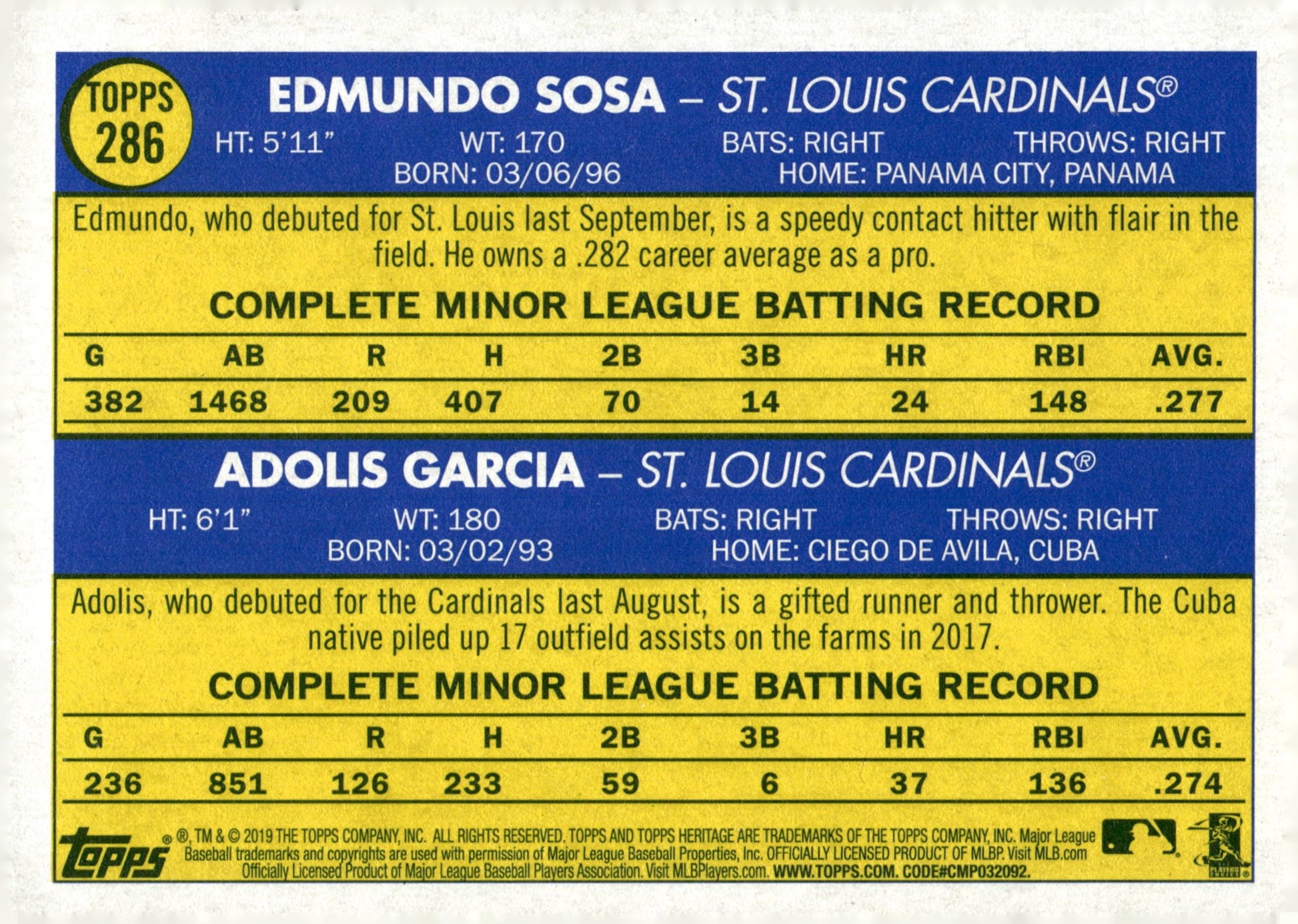 Edmundo Sosa / Adolis Garcia 2019 Topps Heritage Cardinals Rookie Stars RC #286 - Collector Store LLC