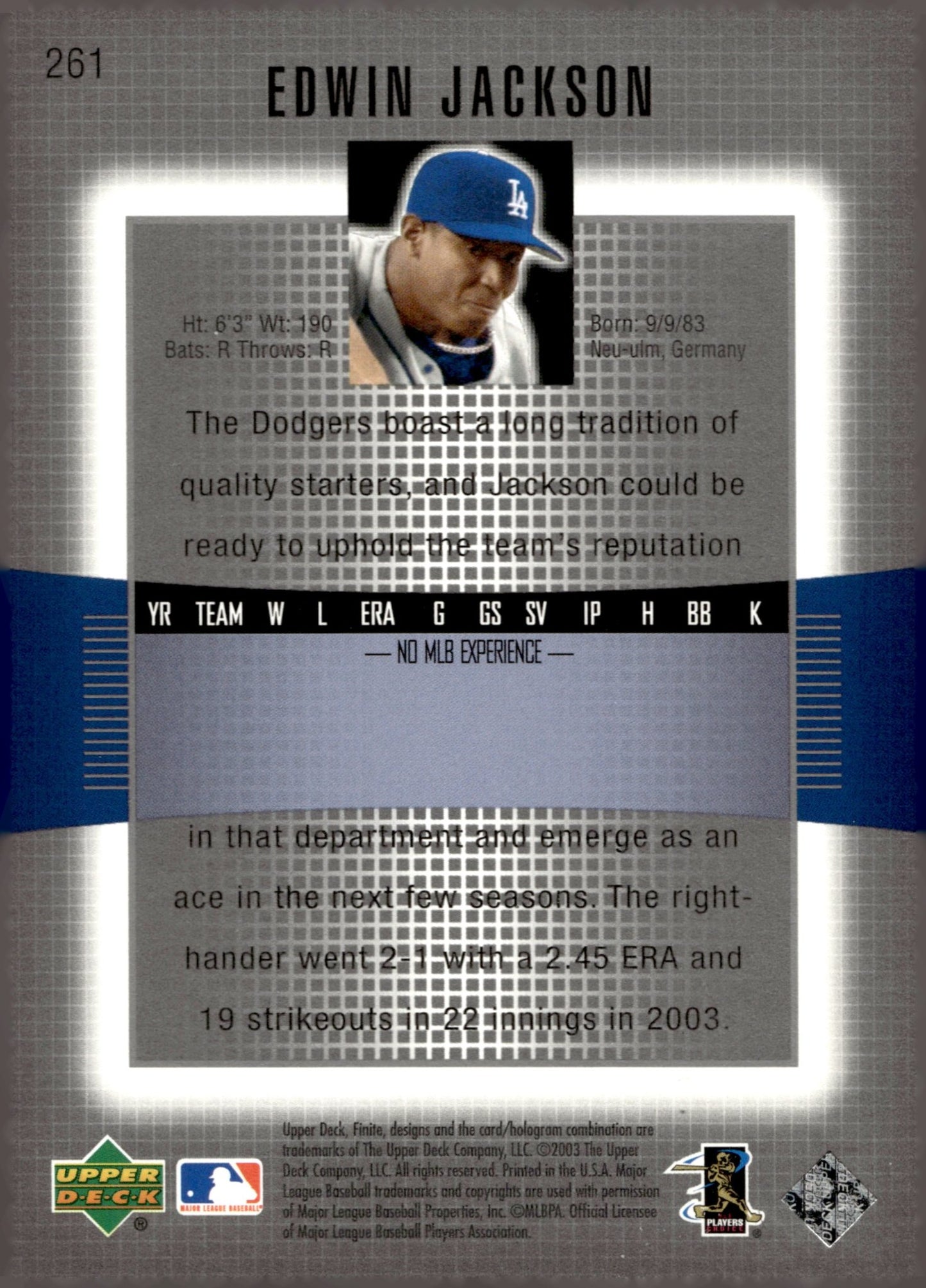 Edwin Jackson 2003 Upper Deck Finite Rookie Level One RC 1194/1299 261 - Collector Store LLC
