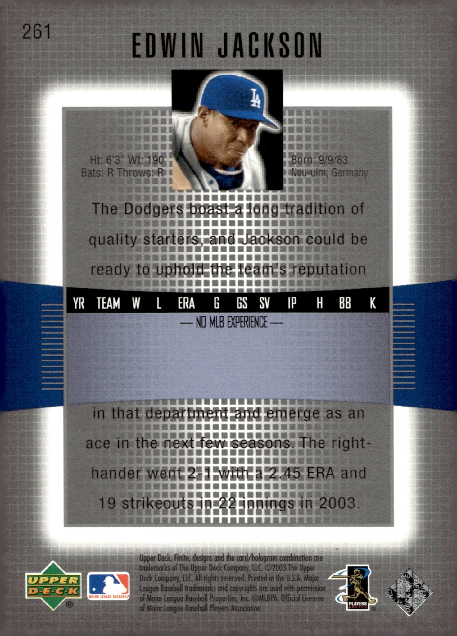 Edwin Jackson 2003 Upper Deck Finite Rookie Level One RC 1194/1299 261 - Collector Store LLC