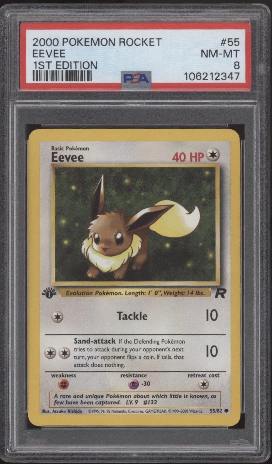 Eevee Pokemon Team Rocket 1st Edition #55 PSA 8 #1 - Collector Store LLC Eevee Pokemon Team Rocket 1st Edition #55 PSA 8 #1 - Collector Store LLC