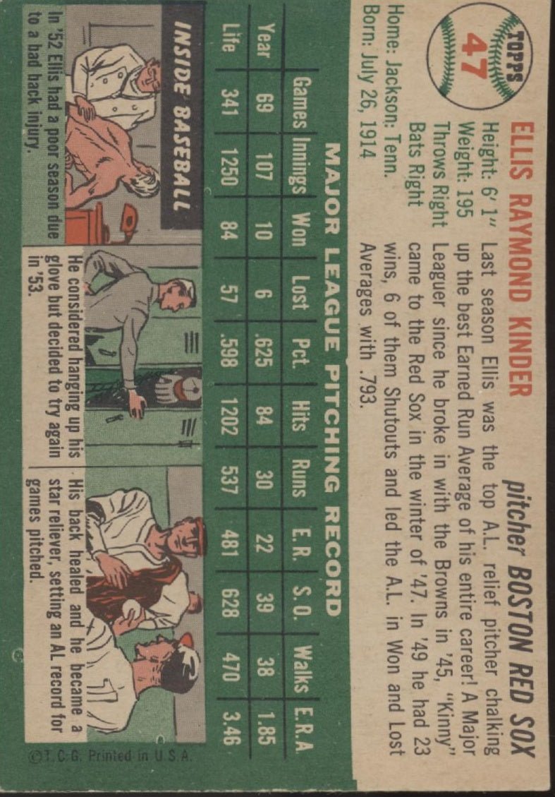 Ellis Kinder 1954 Topps 47 Boston Red Sox VG - EX 2 - Collector Store LLC