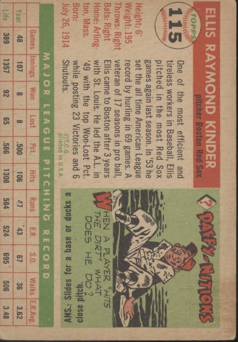 Ellis Kinder 1955 Topps #115 Boston Red Sox VG - Collector Store LLC