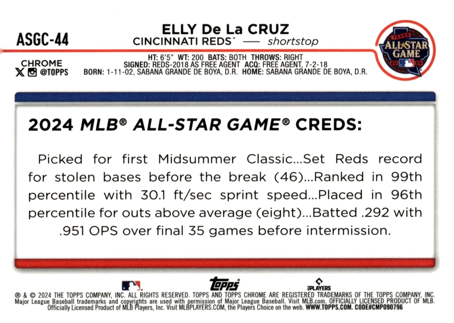 Elly De La Cruz 2024 Topps Chrome All Star Game Refractor RC #ASGC - 44 #2 - Collector Store LLC