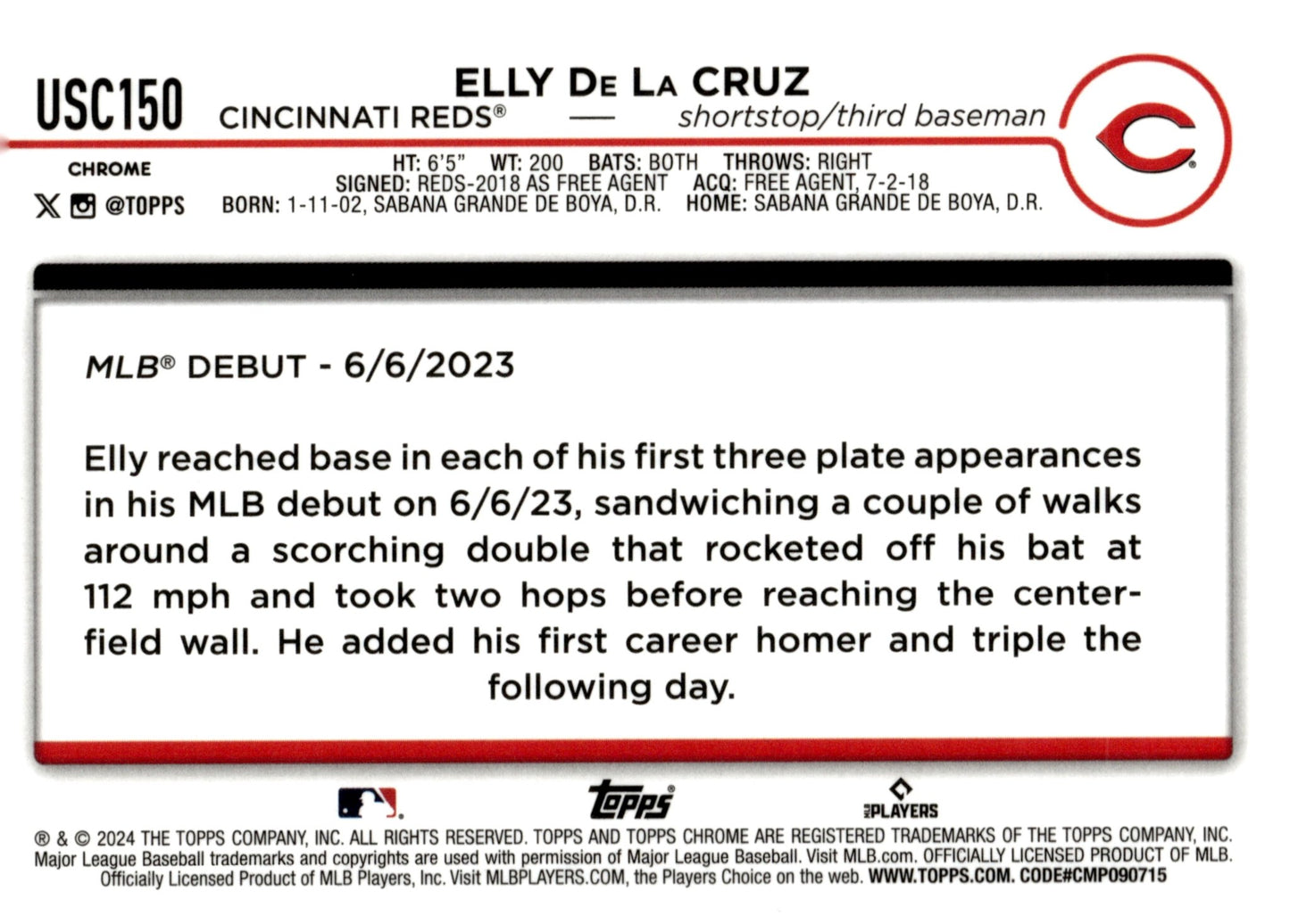 Elly De La Cruz 2024 Topps Chrome RC #USC150 #1 - Collector Store LLC