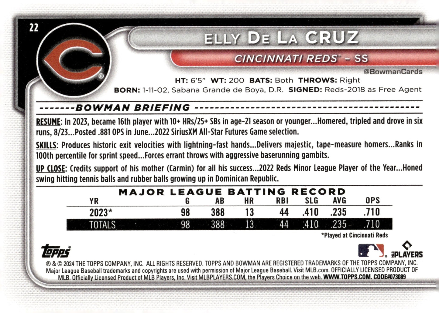 Elly De La Cruz 2024 Topps RC #22 #2 - Collector Store LLC