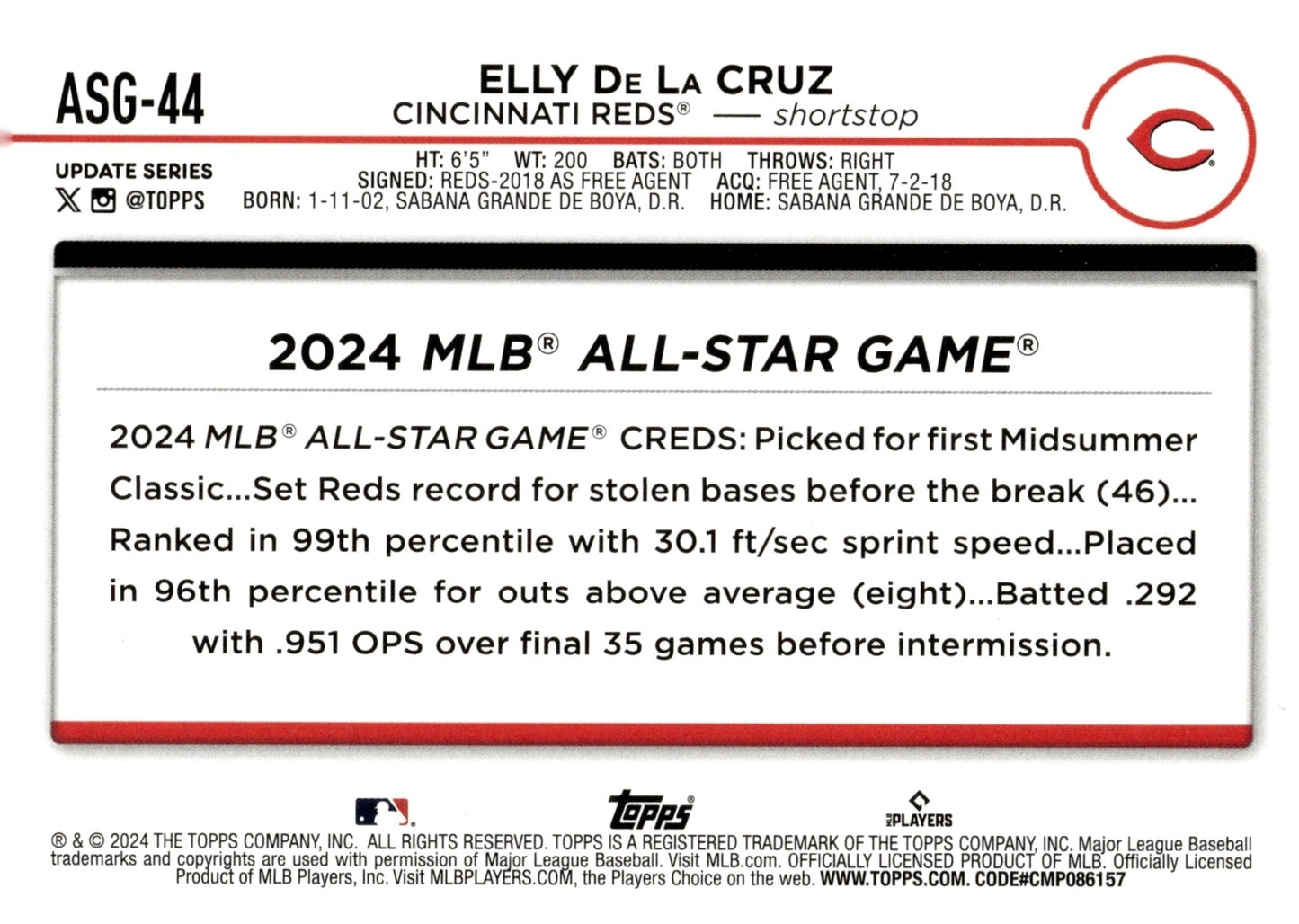 Elly De La Cruz 2024 Topps Update Series All Star Game RC #ASG - 44 #1 - Collector Store LLC