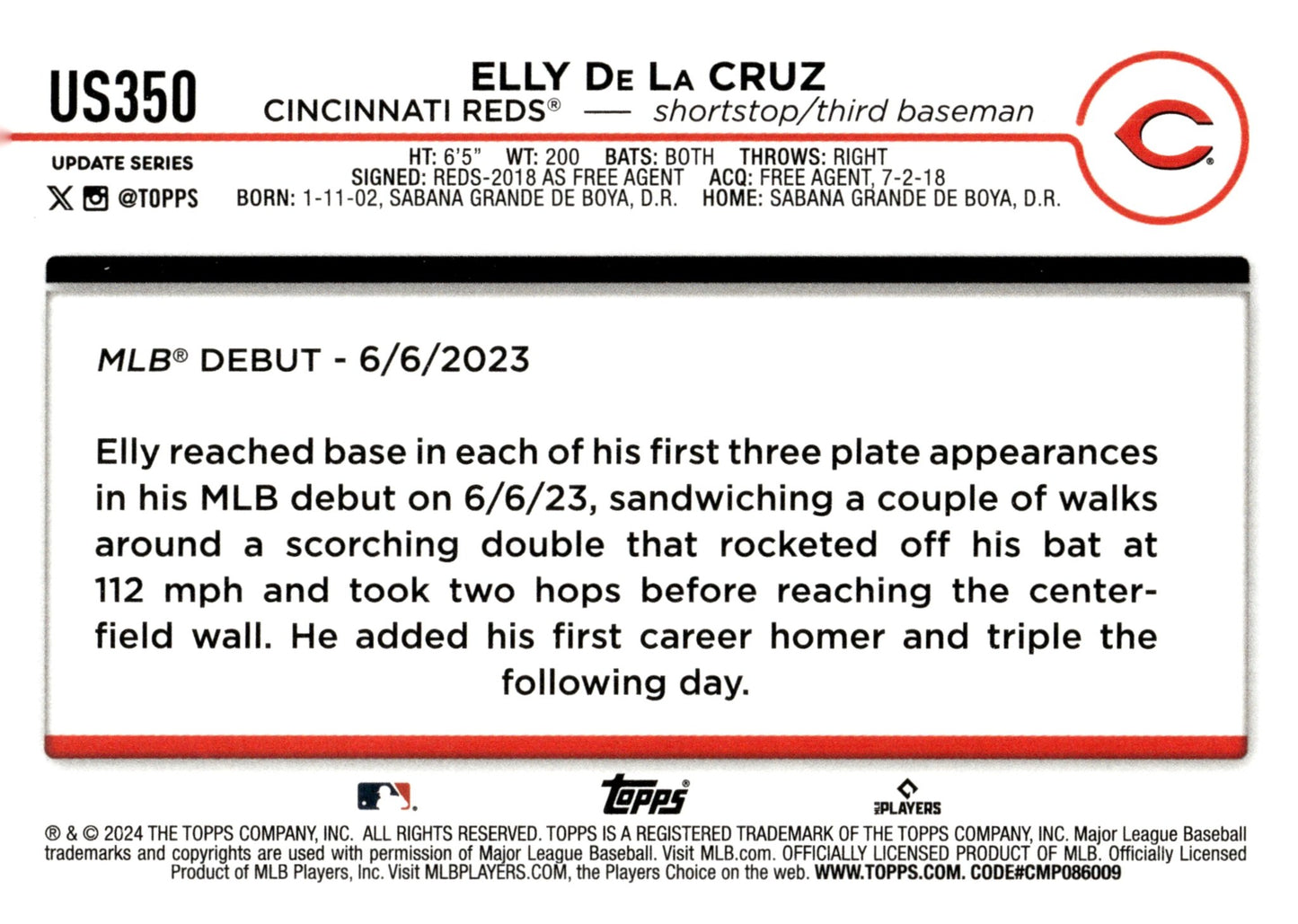 Elly De La Cruz 2024 Topps Update Series RC #US350 #2 - Collector Store LLC