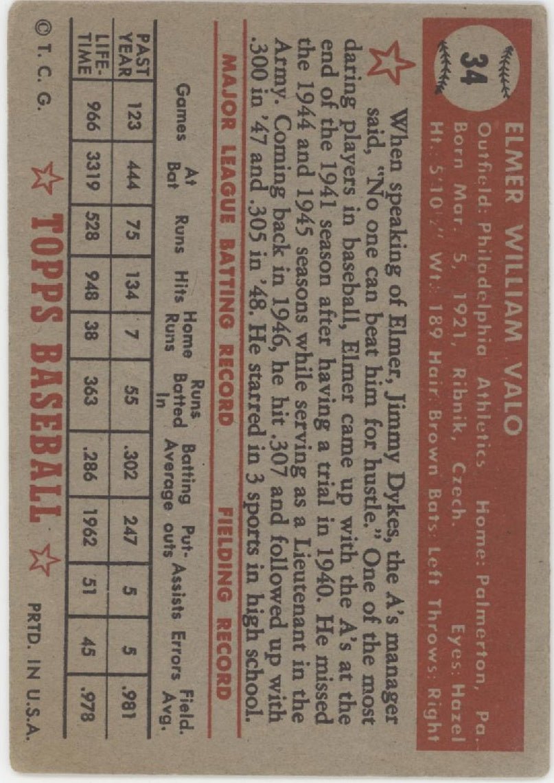 Elmer Valo 1952 Topps #34 Philadelphia Athletics VG #2 - Collector Store LLC