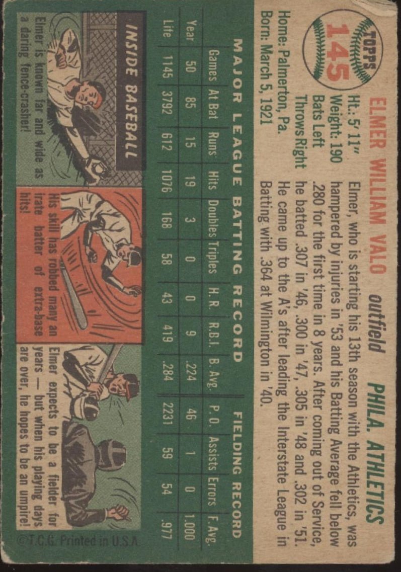 Elmer Valo 1954 Topps #145 Philadelphia Athletics VG - Collector Store LLC