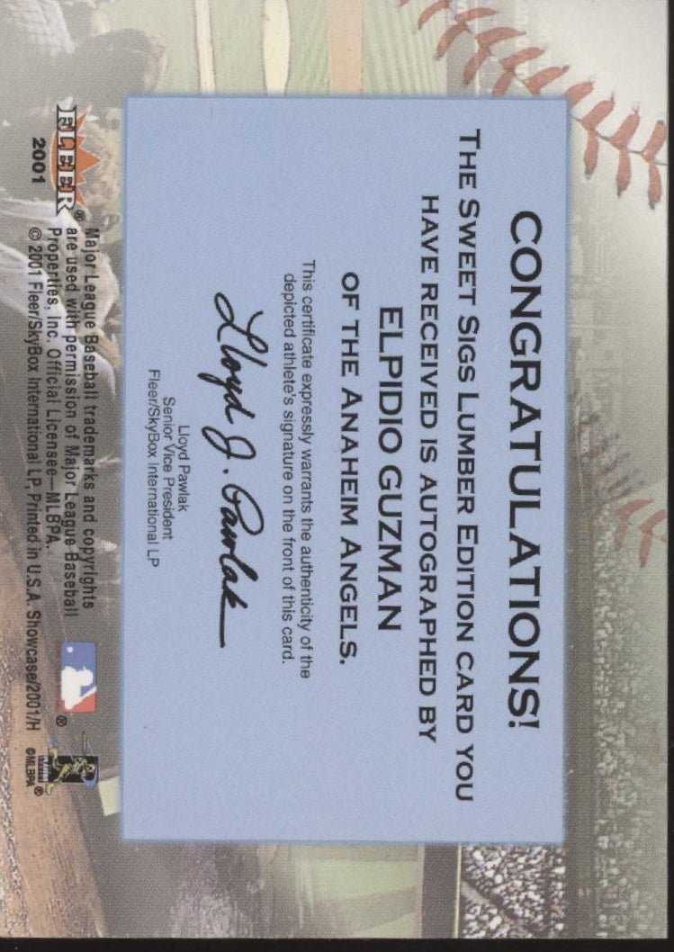 Elpidio Guzman 2001 Fleer Showcase Sweet Sigs Lumber Edition Bat Relic Auto - Collector Store LLC
