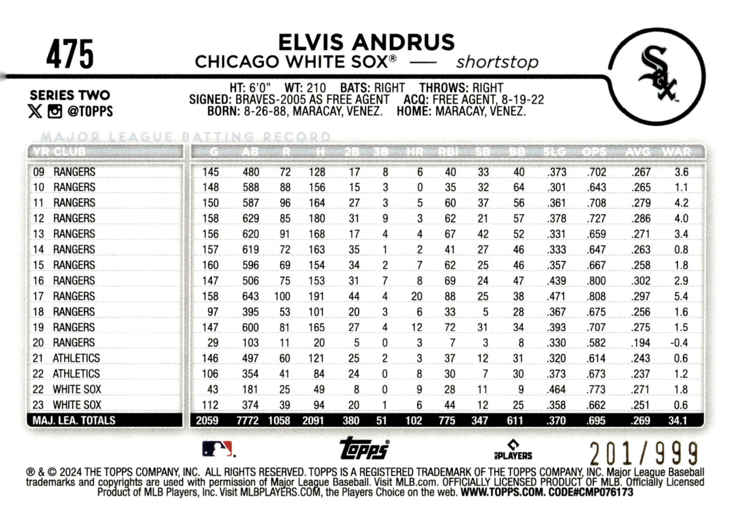 Elvis Andrus 2024 Topps Series 2 Blue Foil 201/999 #475 - Collector Store LLC