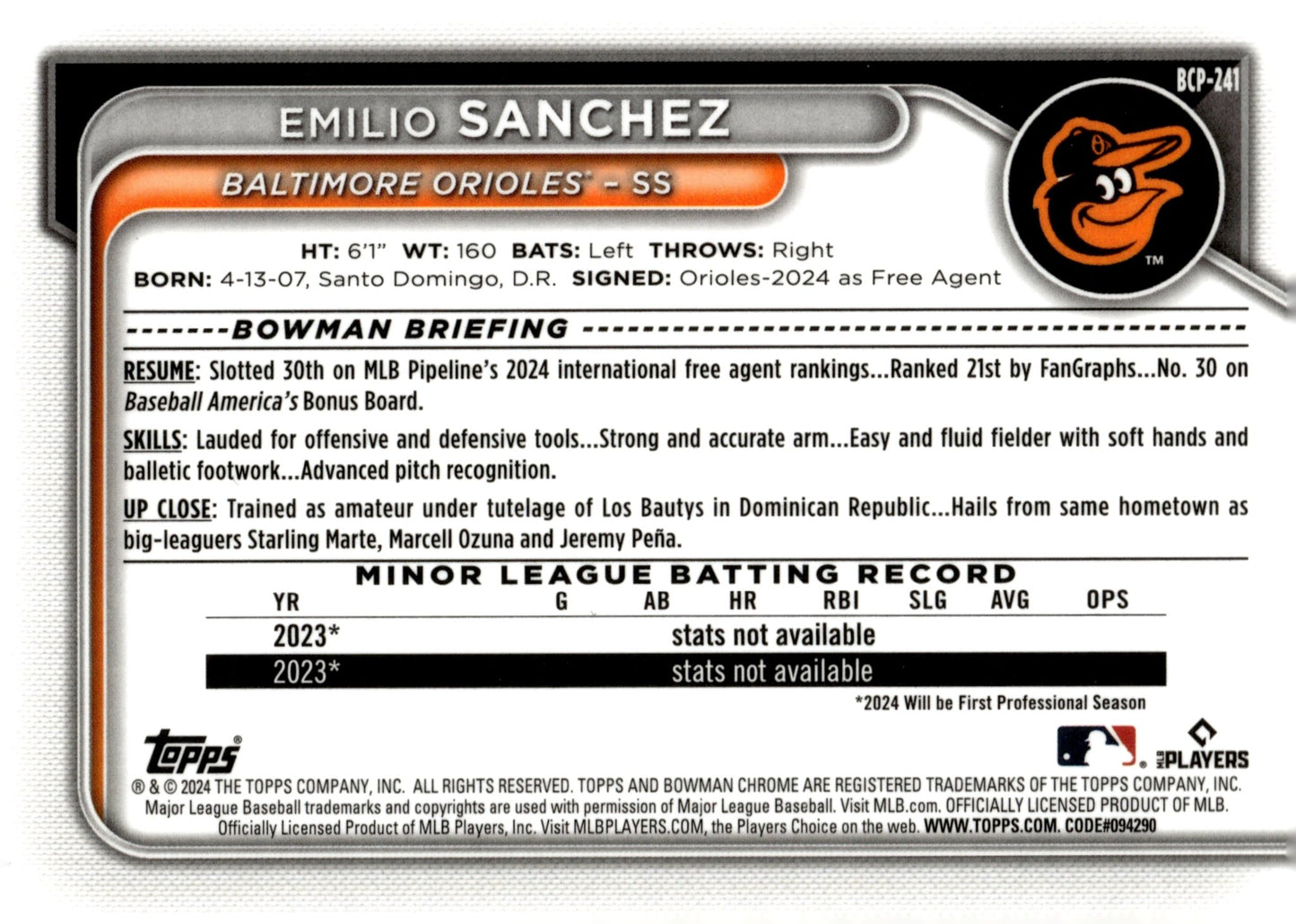 Emilio Sanchez 2024 Bowman Chrome Aqua Mojo Refractor 251/299 #BCP - 241 - Collector Store LLC
