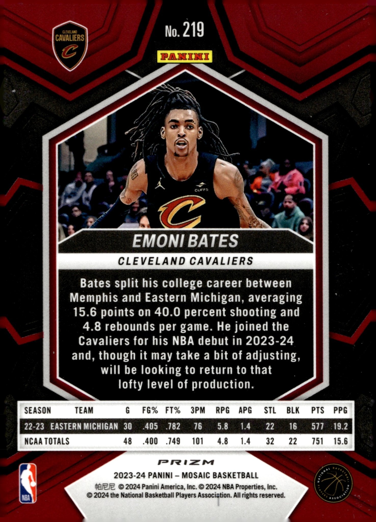 Emoni Bates 2023 - 24 Panini Mosaic Light Blue Prizm RC #219 - Collector Store LLC