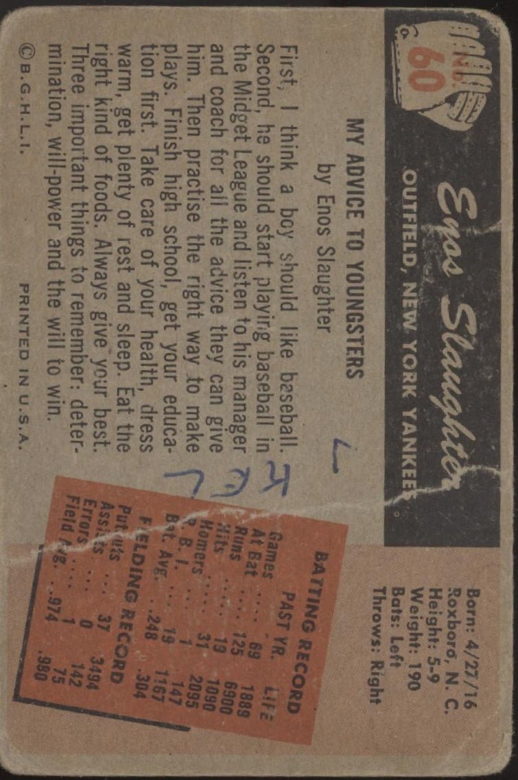 Enos Slaughter 1955 Bowman #60 New York Yankees PR - Collector Store LLC