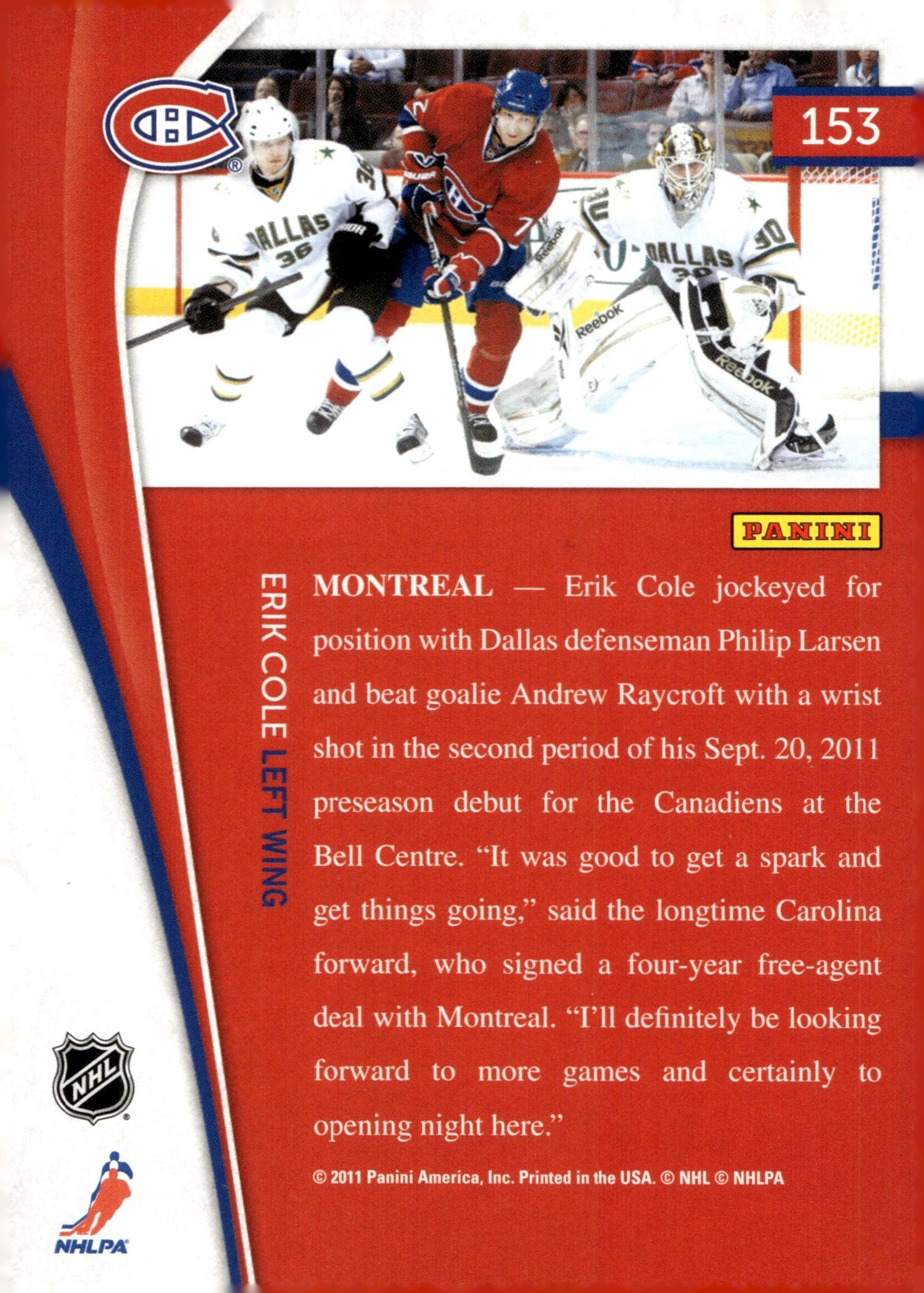Erik Cole 2011 Panini Pinnacle #153 - Collector Store LLC