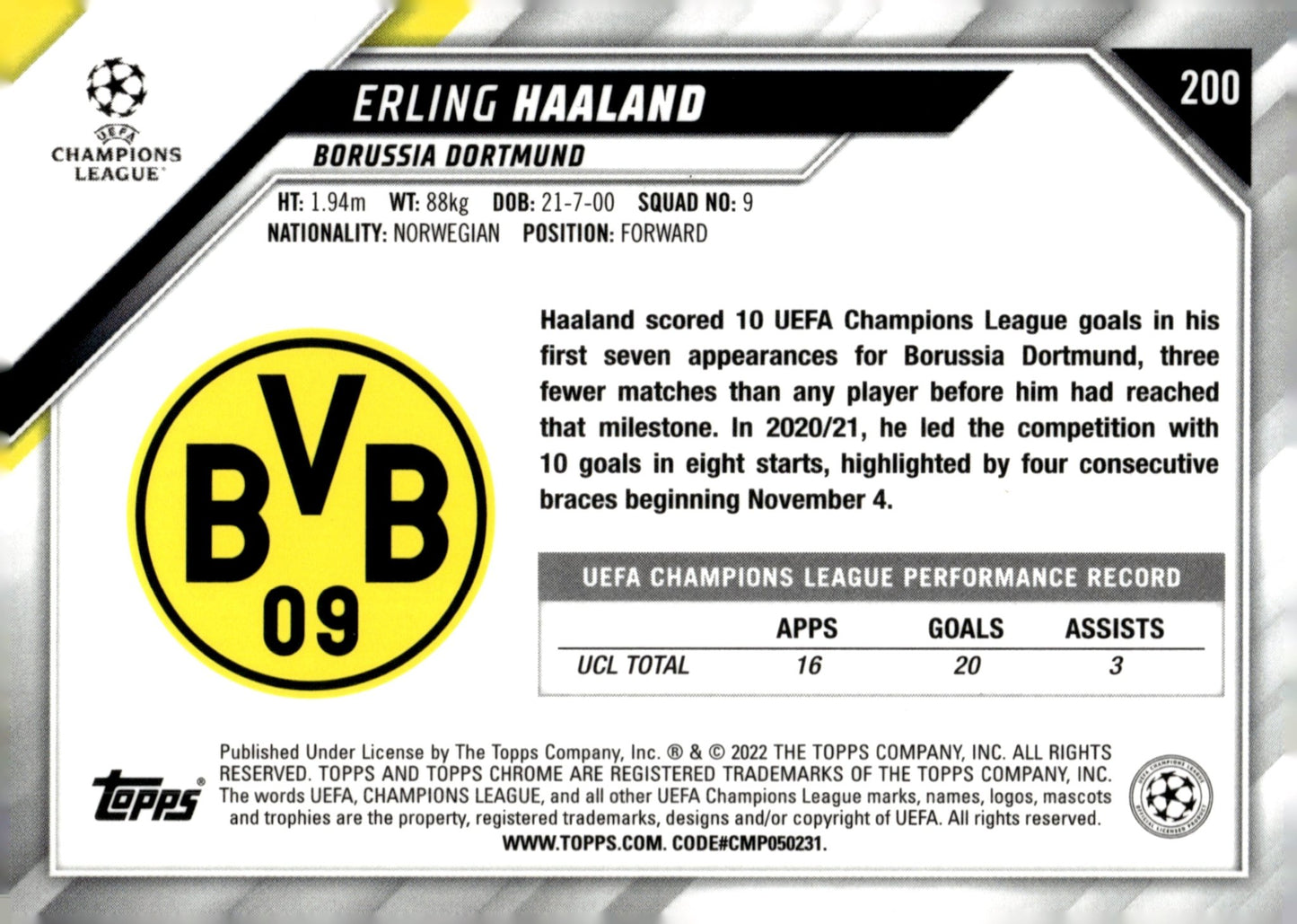 Erling Haaland 2021 - 22 Topps Chrome UEFA Champions League #200 - Collector Store LLC
