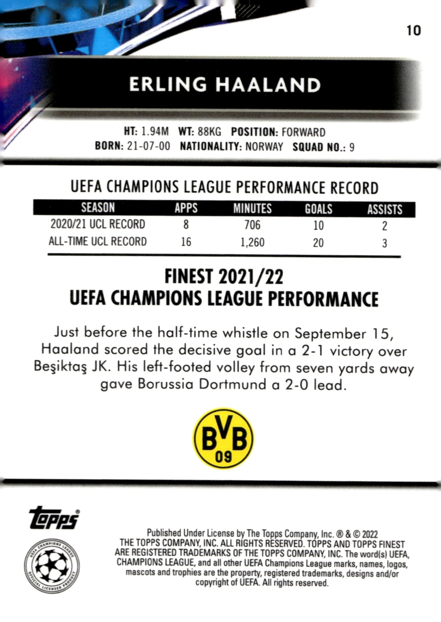 Erling Haaland 2021 - 22 Topps Finest UEFA Champions League #10 - Collector Store LLC