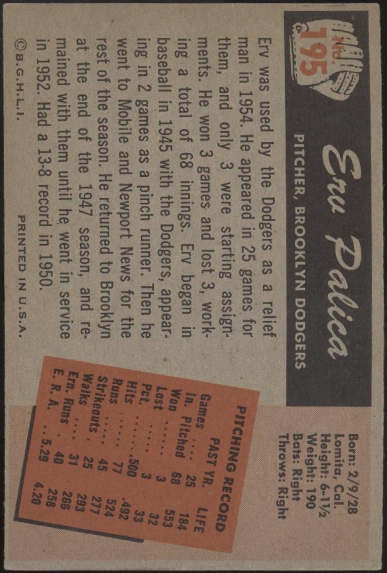Erv Palica 1955 Bowman #195 Brooklyn Dodgers VG - EX #2 - Collector Store LLC