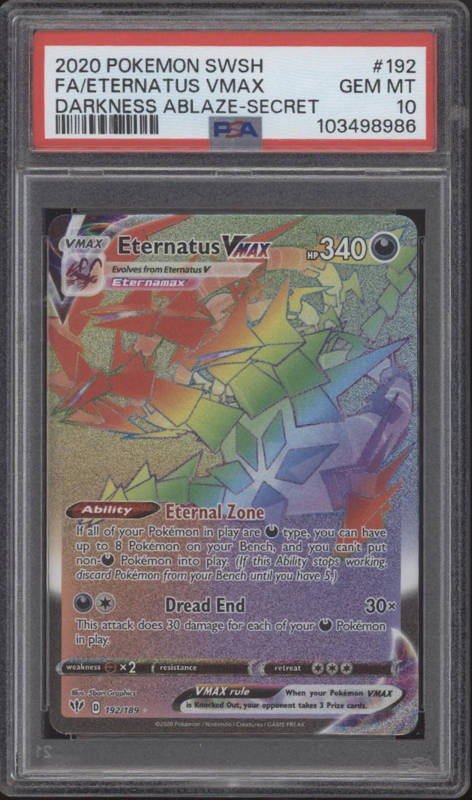Eternatus VMAX Pokemon Darkness Ablaze Secret Rare Full Art #192 PSA 10 - Collector Store LLC