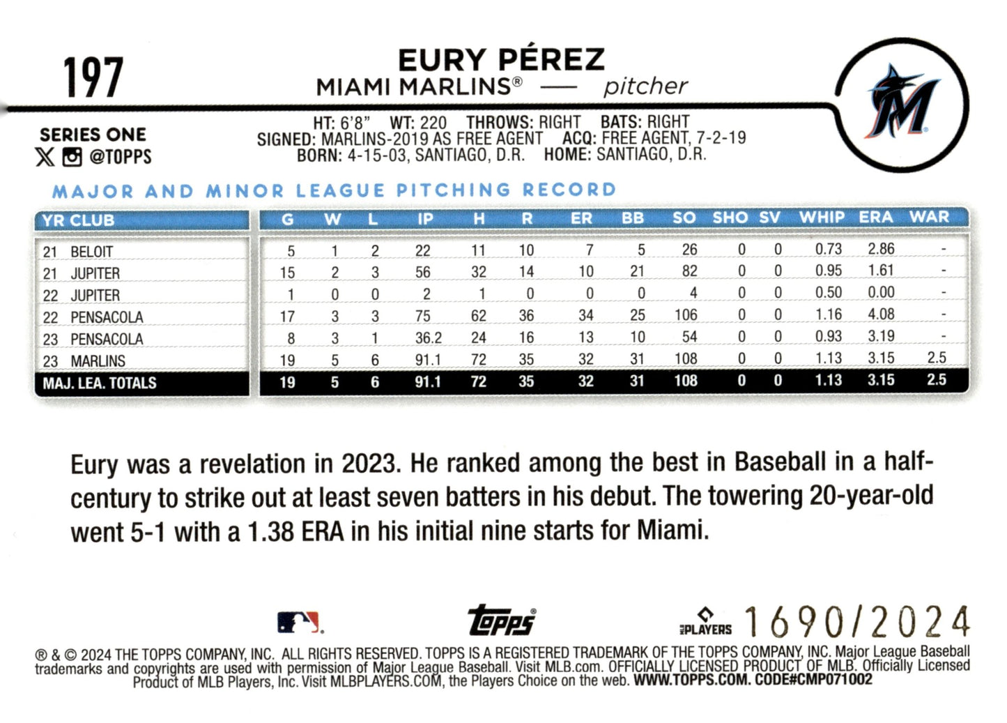 Eury Perez 2024 Topps Series 1 Future Stars Gold 1690/2024 197 - Collector Store LLC