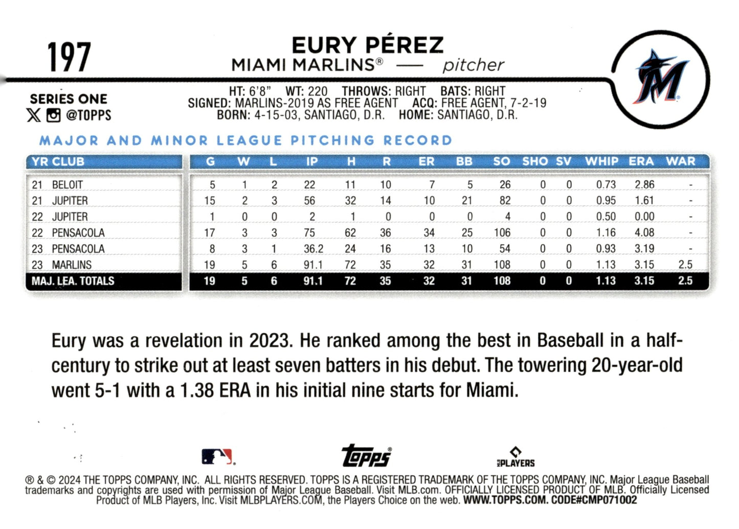 Eury Perez 2024 Topps Series 1 Future Stars Yellow 197 - Collector Store LLC