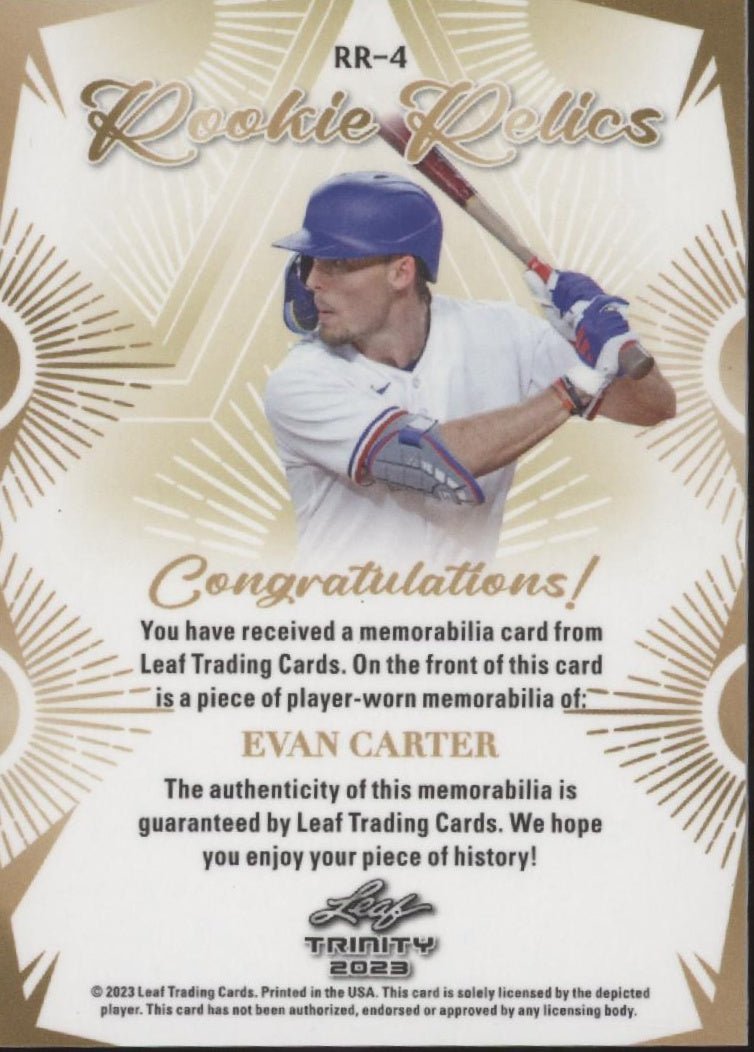 Evan Carter 2023 Leaf Trinity Rookie Relics Swatch RC #RR - 4 #1 - Collector Store LLC