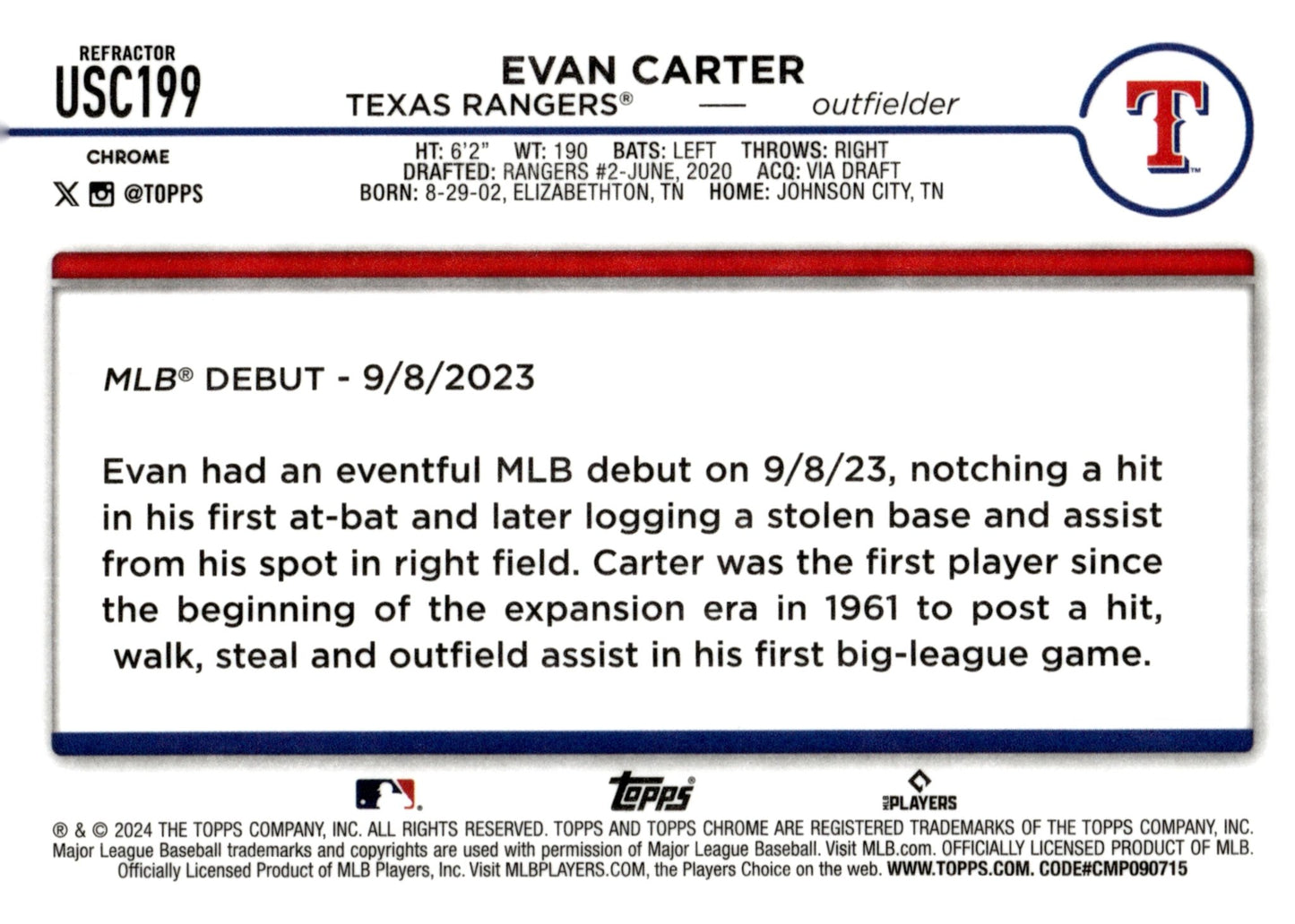 Evan Carter 2024 Topps Chrome Refractor RC #USC199 - Collector Store LLC