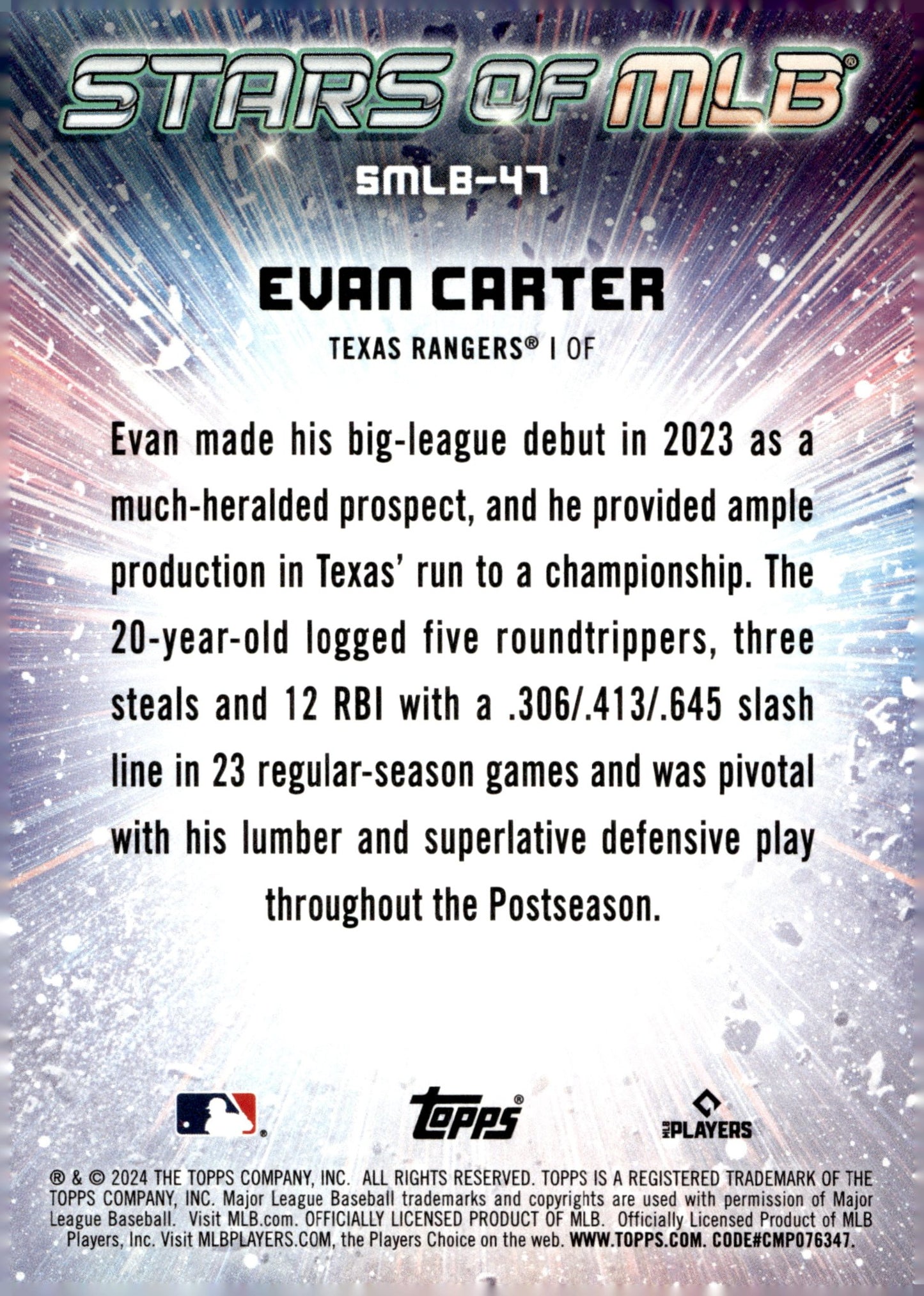 Evan Carter 2024 Topps Series 1 Stars of MLB RC SMLB - 47 - Collector Store LLC