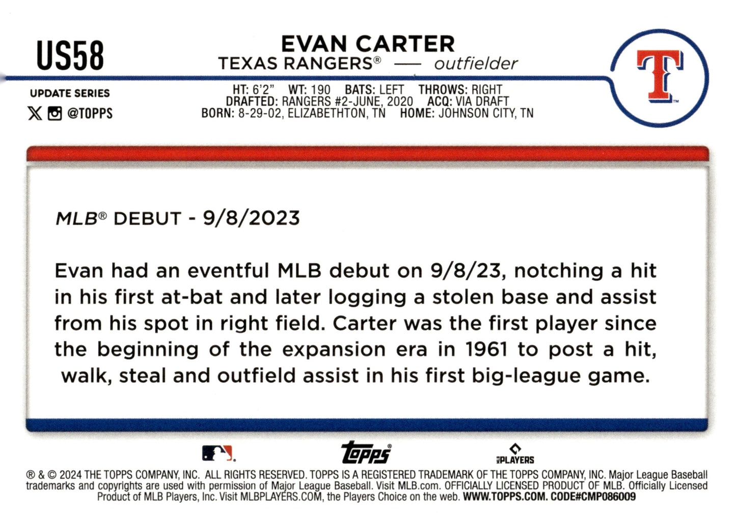 Evan Carter 2024 Topps Update Series Foil RC #US58 - Collector Store LLC