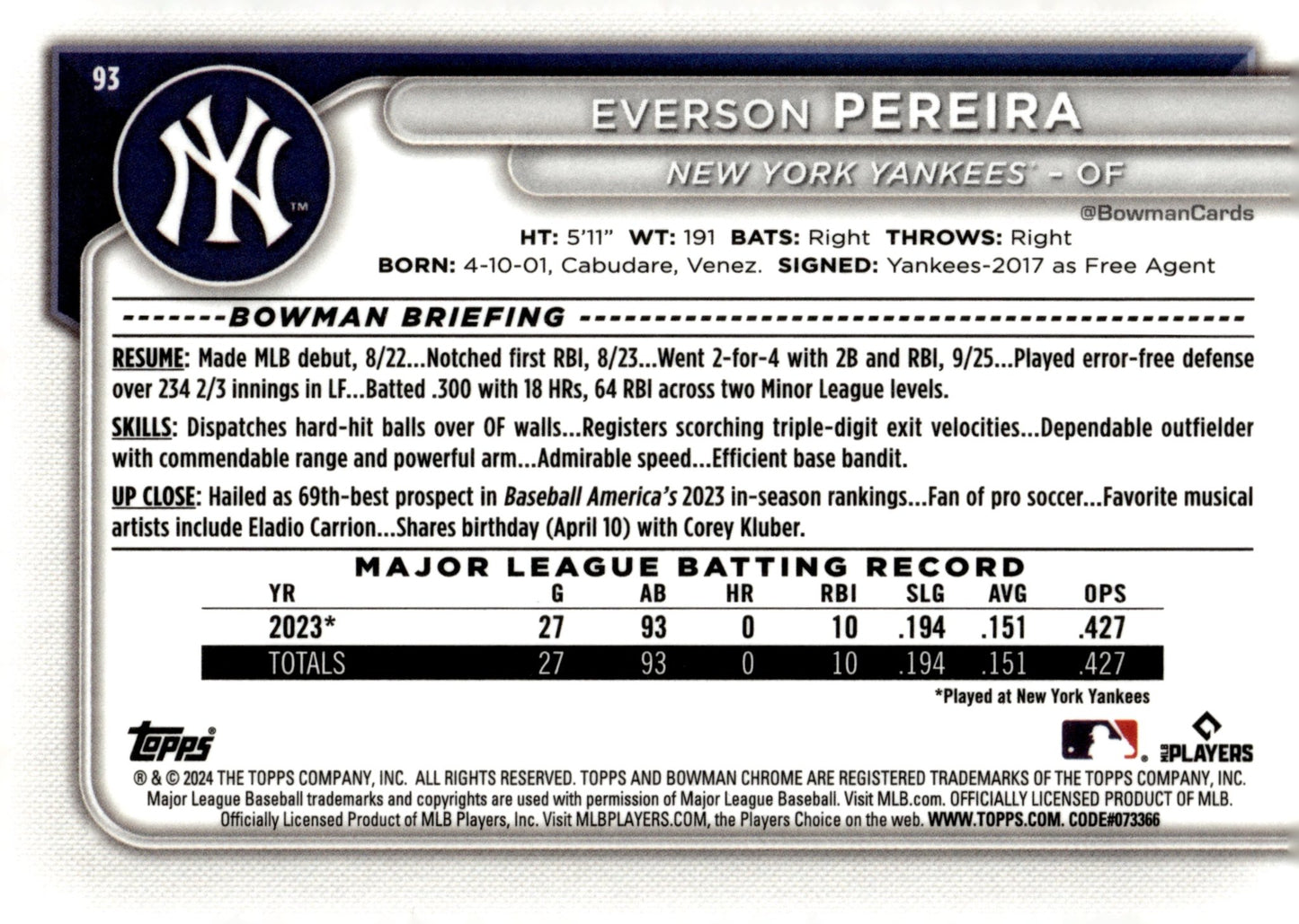 Everson Pereira 2024 Bowman Chrome Mojo Refractor RC 93 1 - Collector Store LLC